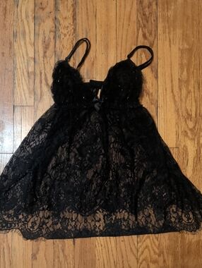 Frederick's of Hollywood Black Lace Chemise with Sheer Detail